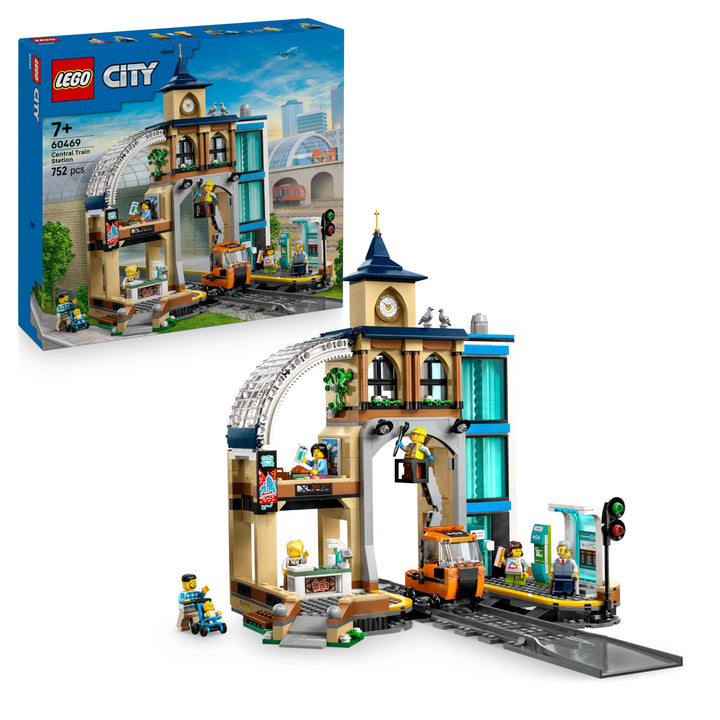 LEGO City Trains Hauptbahnhof - Wartungsfahrzeug-Spielzeug, funktionierendem Hublift, 2 Plattformen