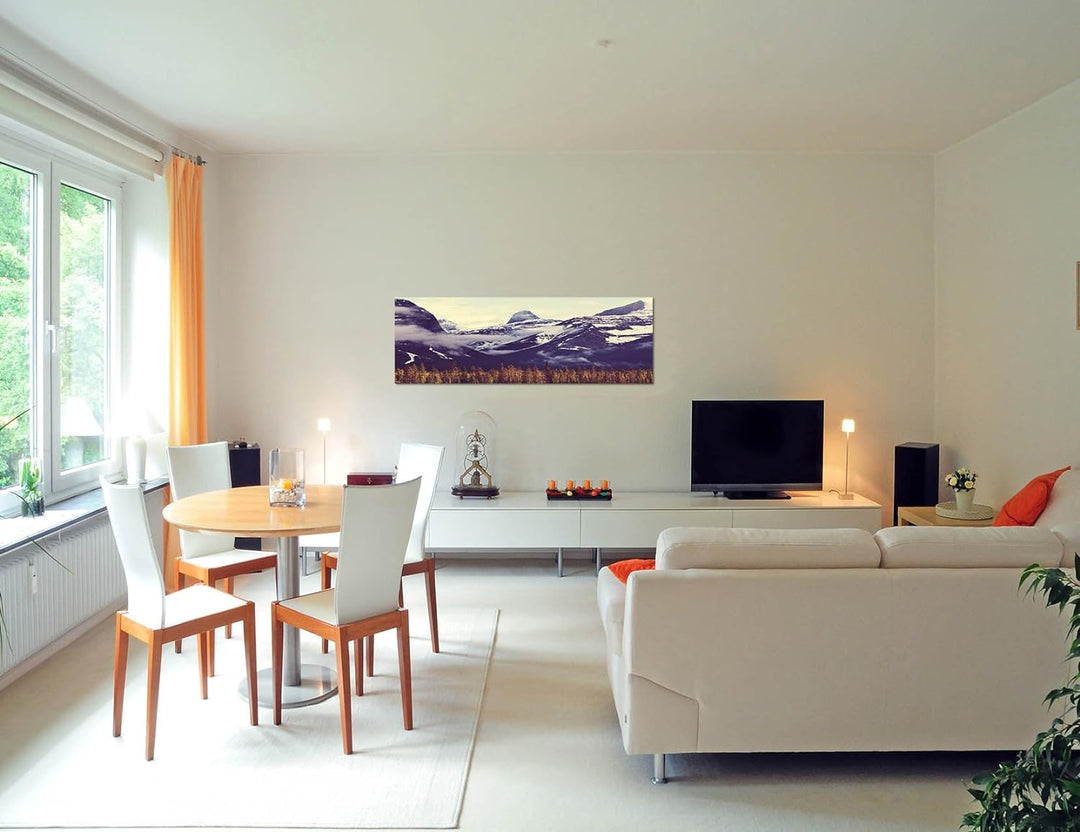 Paul Sinus Art Panoramabild auf Leinwand und Keilrahmen 150x50cm Kanada Berge Wald Schnee Nebel