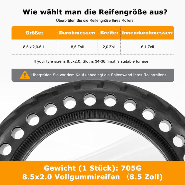 8,5 Zoll Reifen Scooter Vollgummi für Xiaomi Pro2/1S/M365/Pro/Mi3, Vollgummireifen E Scooter 8,5 x2.