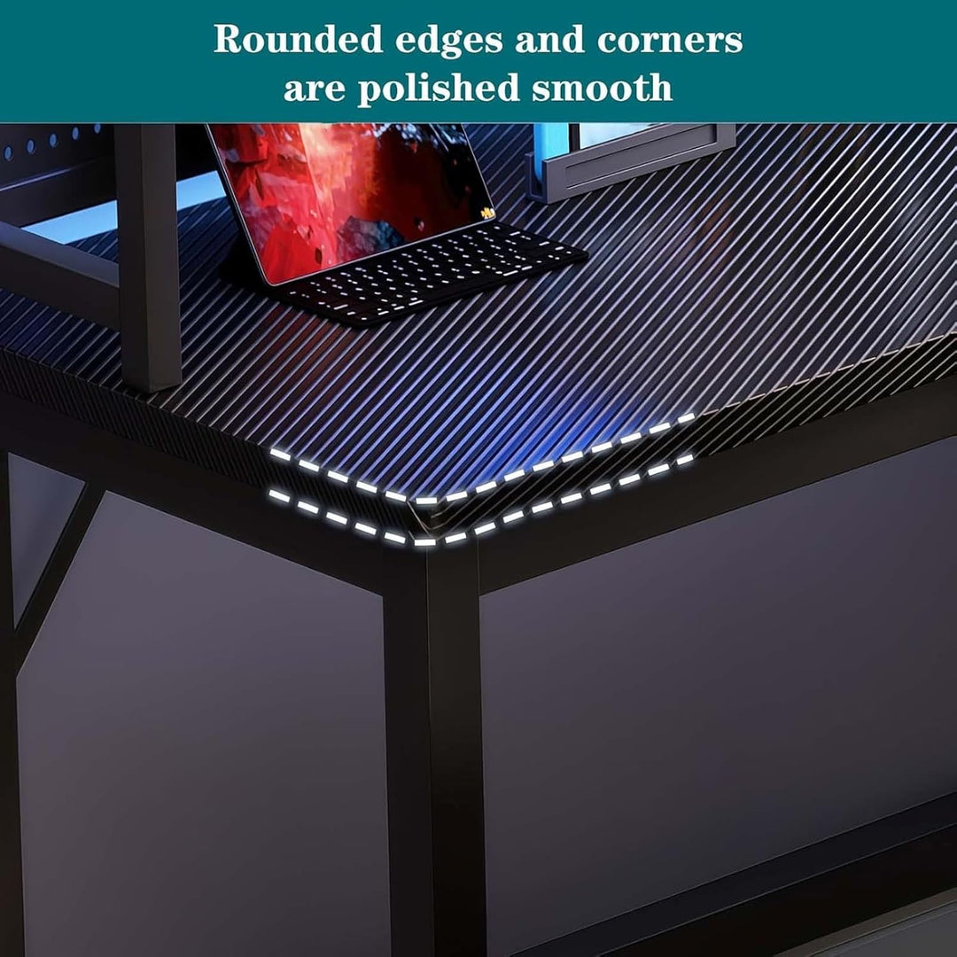 L-shaped computer desk, large executive desk, carbon fibre finish, H-shaped base, cable management,