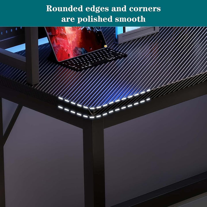 L-shaped computer desk, large executive desk, carbon fibre finish, H-shaped base, cable management,