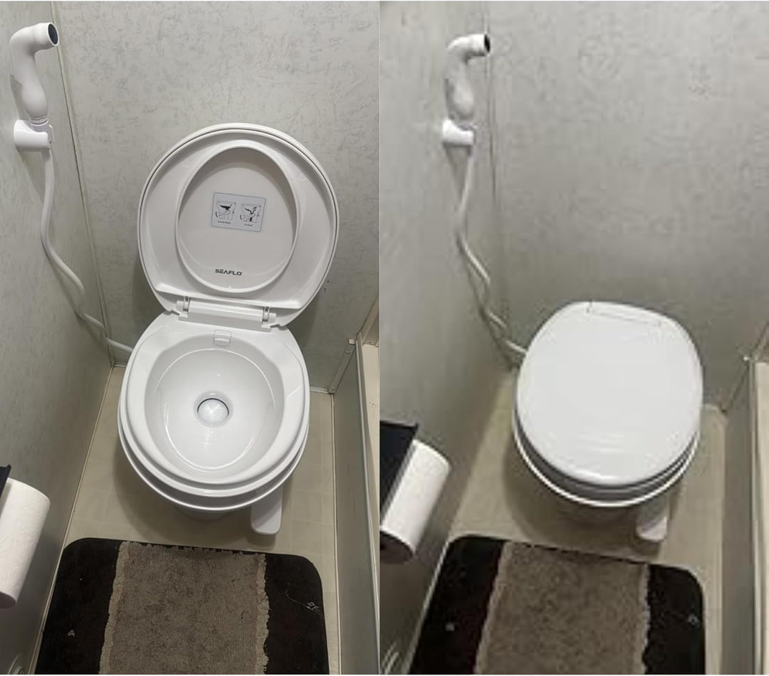 SEAFLO Wohnmobil-WC – Standardhöhe, Schwerkraftspülung, Fusspedal, sanft schliessender Deckel Wohnmo