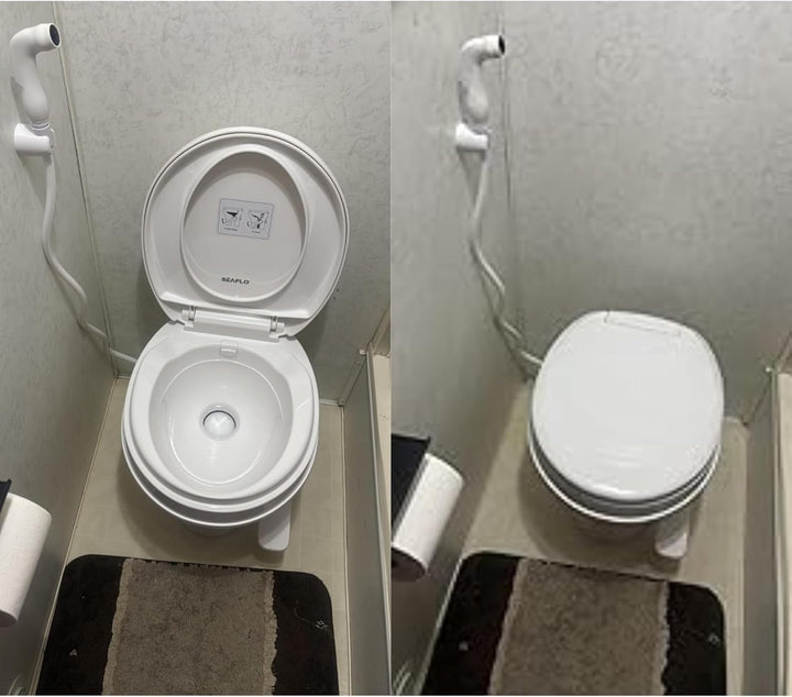 SEAFLO Wohnmobil-WC – Standardhöhe, Schwerkraftspülung, Fusspedal, sanft schliessender Deckel Wohnmo