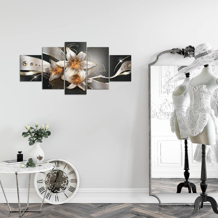 Runa Art Wandbilder Blumen Lilien 5 Teilig Bild auf Vlies Leinwand Deko Wohnzimmer Abstrakt Gelb Gol
