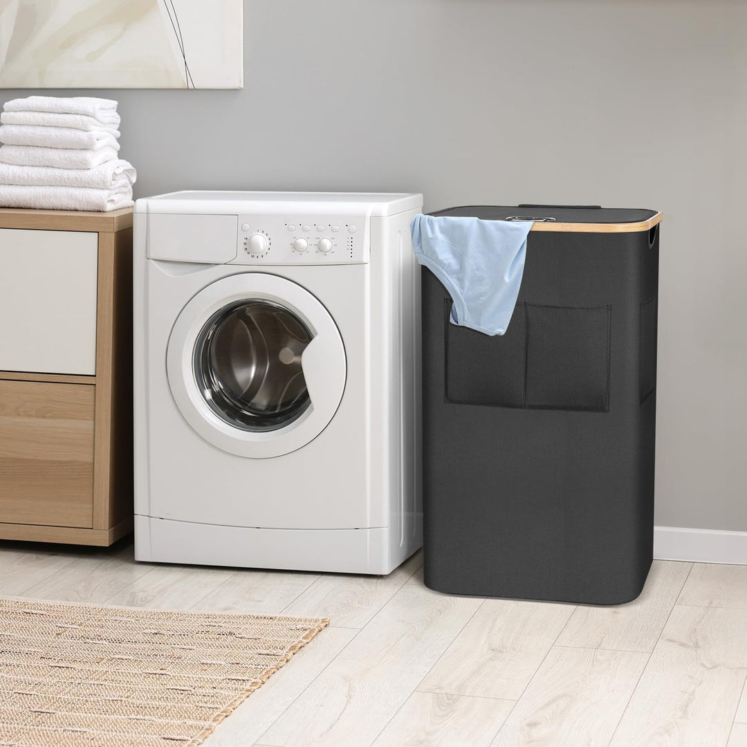 OUSFOT Wäschekorb mit Deckel 105L, Wäschesammler mit Griffen aus Bambus, Laundry Basket Wasserdicht