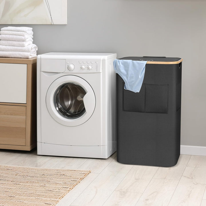 OUSFOT Wäschekorb mit Deckel 105L, Wäschesammler mit Griffen aus Bambus, Laundry Basket Wasserdicht