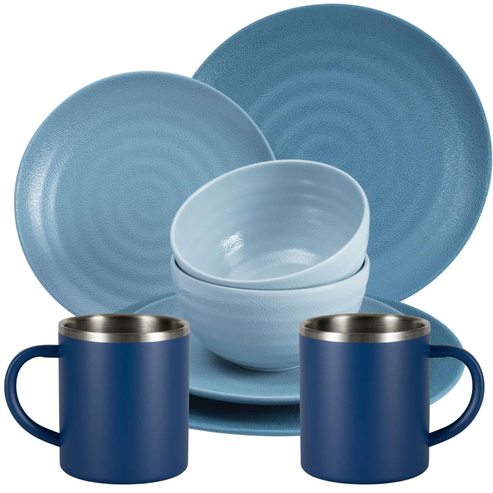 Melamin Geschirr Set Blau mit Edelstahl Thermo Tassen doppelwandig - Tonoptik Essgeschirr - Campingg