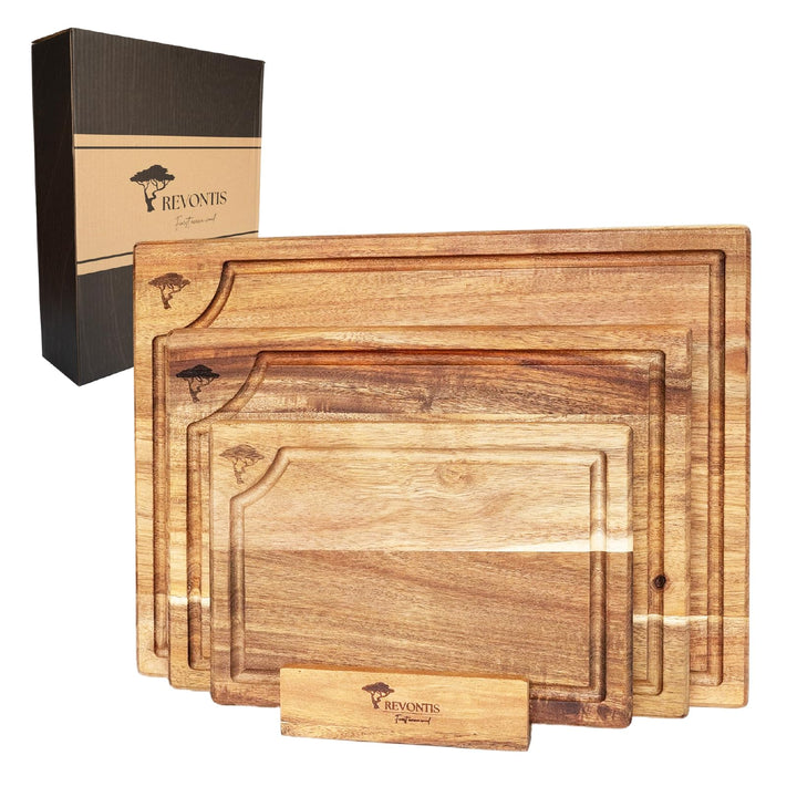 REVONTIS Schneidebrett Set aus Akazienholz – 3 Grössen (40×30, 33×24, 26×18 cm) mit Halter & Saftril