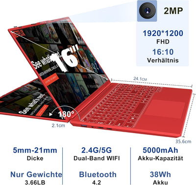 AOCWEI Laptop 16 zoll 12GB RAM 512GB ROM Erweiterungen 2,5" 1 TB SSD, Laptop Win 11 mit 4-Core CPU N