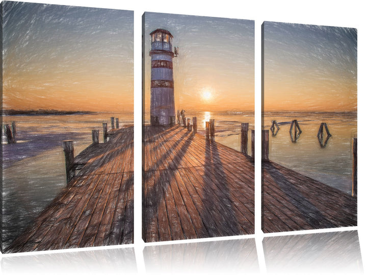 Pixxprint Leuchtturm am Steg als Leinwandbild/Grösse: 3 Teilig (120x80 cm) cm/Wandbild/Kunstdruck/fe