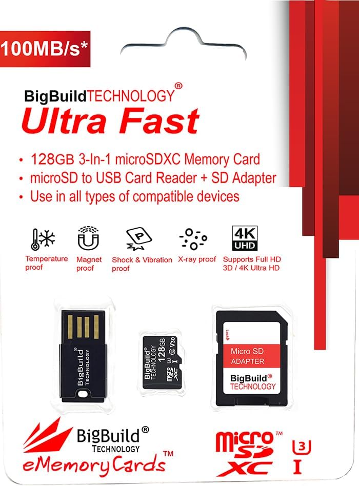 BigBuild Technology 128 GB ultraschnelle microSD Speicherkarte mit 100 MB/s für Samsung Galaxy J4, J