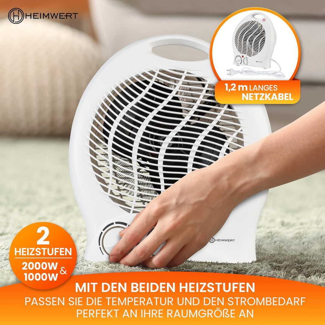 Heizlüfter energiesparend 2000 Watt - Schnellheizer mit ENERGIESPARSTUFE und Tragegriff - Elektrohei
