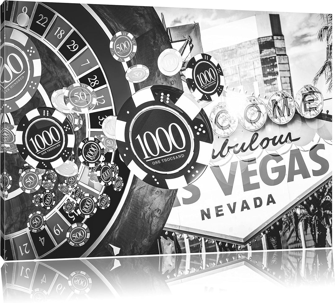 Pixxprint Las Vegas Casino Roulette Kunst B&W, Format: 100x70 auf Leinwand, riesige Bilder fertig ge