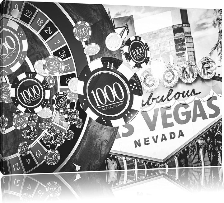 Pixxprint Las Vegas Casino Roulette Kunst B&W, Format: 100x70 auf Leinwand, riesige Bilder fertig ge