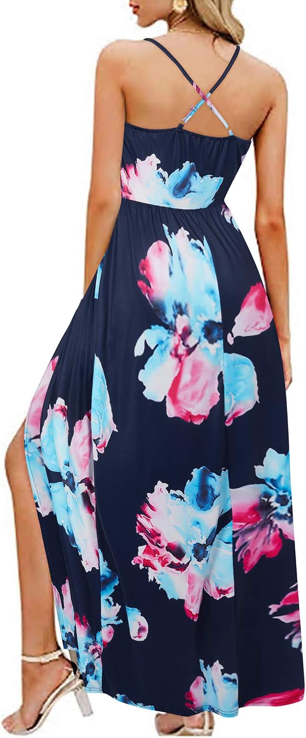 OUGES Damen Sommerkleid V-Ausschnitt Maxikleid Rückenfreies High Waist Spaghetti Strap Freizeitkleid