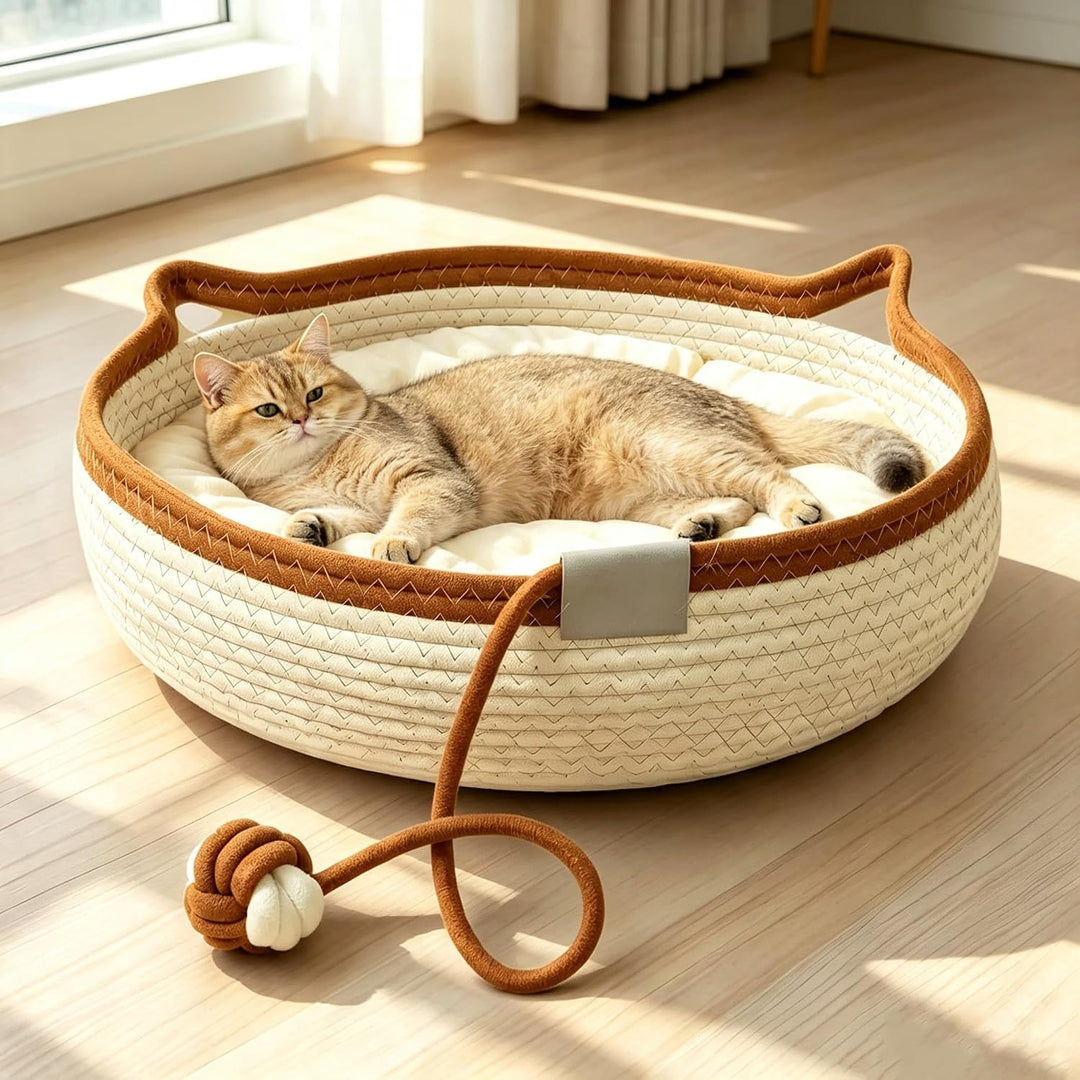 Katzenbett Waschbar, Katzenkorb zum Schlafen aus Baumwollseilen, Rund Katzenkörbchen Baumwollekissen