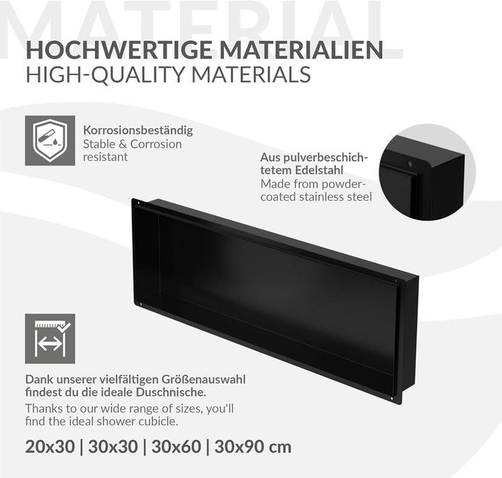 LuxeBath Wandnische aus Edelstahl, 90x30x10 cm, Schwarz, Duschnische, Randlos, Einbauregal, Flexible
