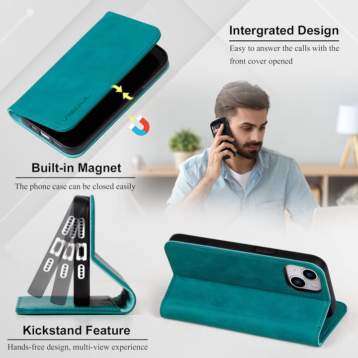 VISOUL iPhone 14 Plus Hülle, Stossfeste Handyhülle [Erstklassiges Rindsleder], TPU Schutzhülle [Kart