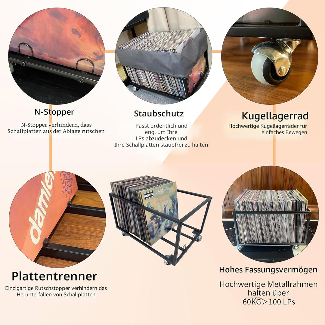 Schallplatten-Halter auf Rädern – für bis zu 100 LP – Albumhalter – Vinyl-Schallplatten-Organizer –