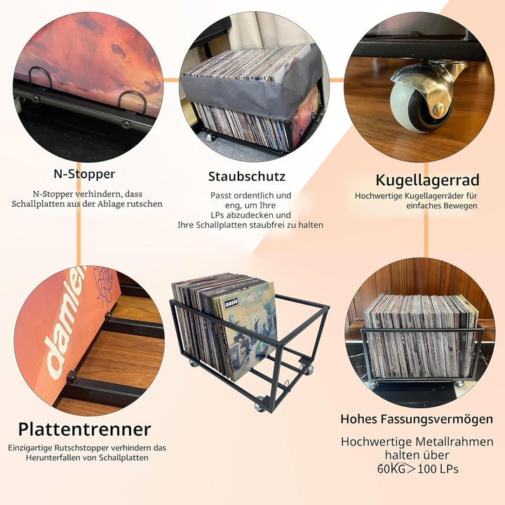 Schallplatten-Halter auf Rädern – für bis zu 100 LP – Albumhalter – Vinyl-Schallplatten-Organizer –
