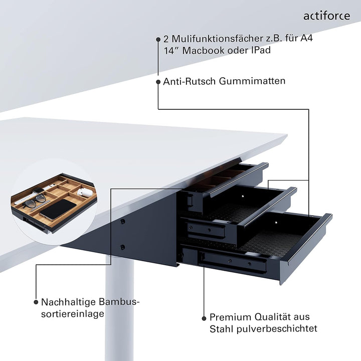 ACTIFORCE® Premium Untertischschublade |extra viel Platz durch 3 Schubfächer inkl. Herausnehmbare Ba