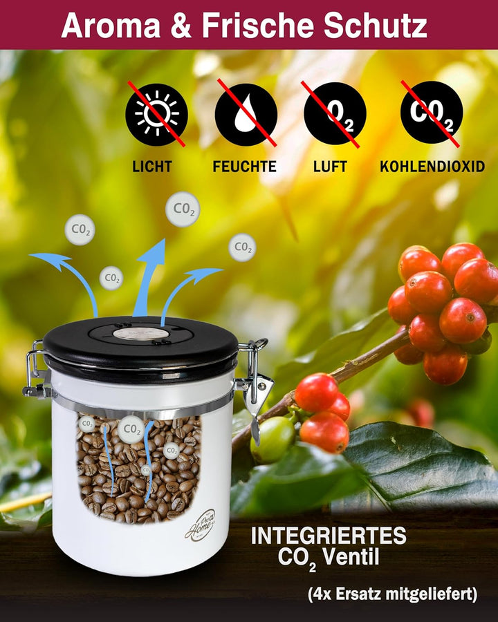 Kaffeedose luftdicht 500g - Weiss - Kaffeebohnen Vorratsbehälter 1,5L aus Edelstahl mit Kalenderfunk