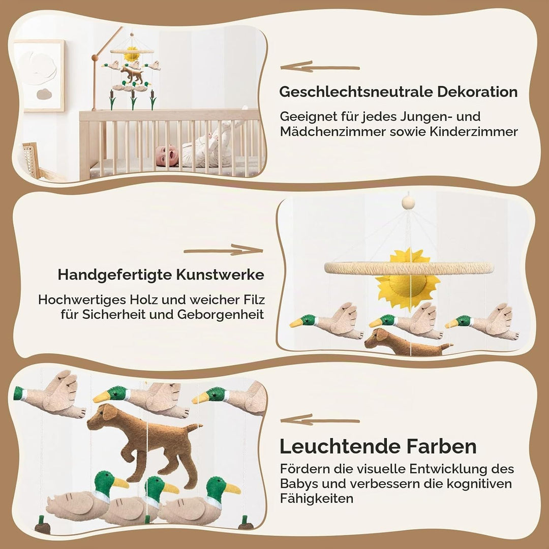 Mobile Baby, 3D Dackel Hund Mobile Babybett Holz mit Filz Schilf Ente und Sonne Handgemachtes Bettgl