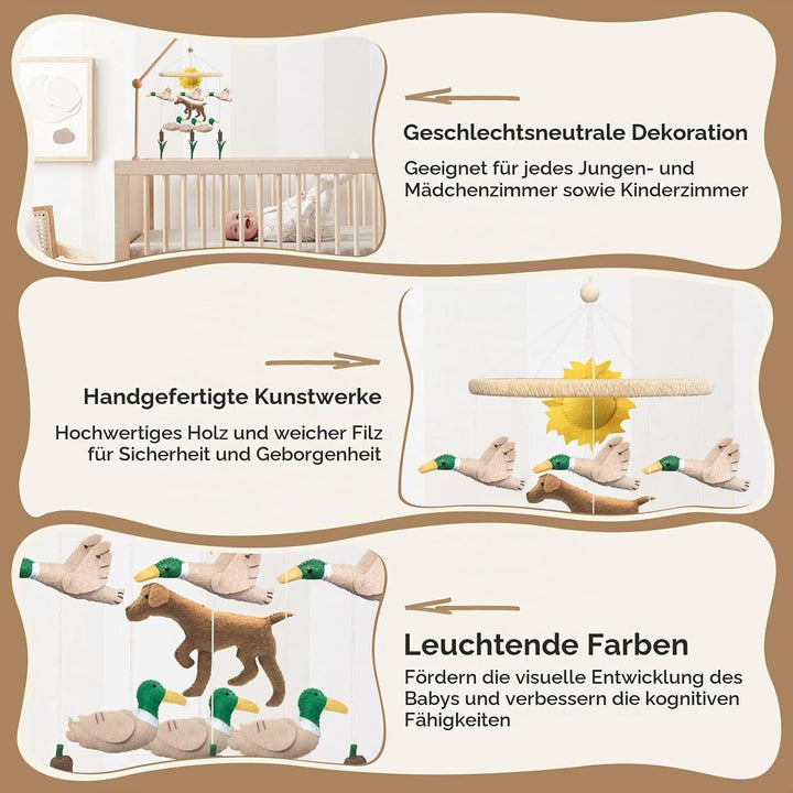 Mobile Baby, 3D Dackel Hund Mobile Babybett Holz mit Filz Schilf Ente und Sonne Handgemachtes Bettgl