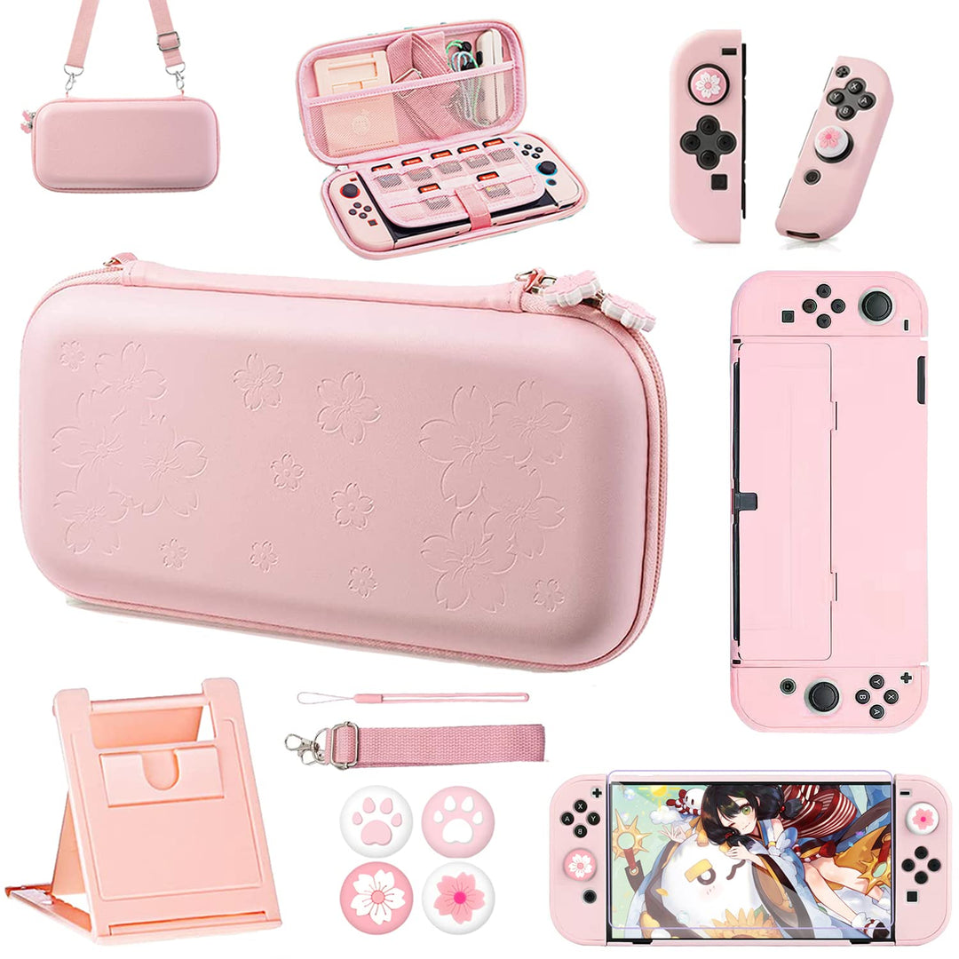 OLDZHU Rosa Tasche Kompatibel mit Nintendo Switch OLED,10 in 1 Rosa Reisezubehör Set mit Tragetasche