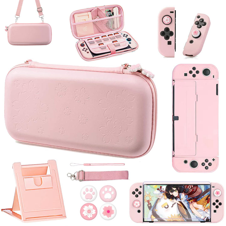 OLDZHU Rosa Tasche Kompatibel mit Nintendo Switch OLED,10 in 1 Rosa Reisezubehör Set mit Tragetasche