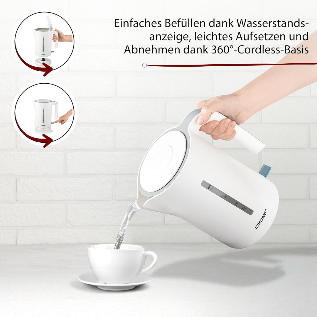 Cloer 4111 Wasserkocher, 2200 W, grosse Wasserstandsanzeige, Trockengeh- und Überhitzungsschutz, 1,7