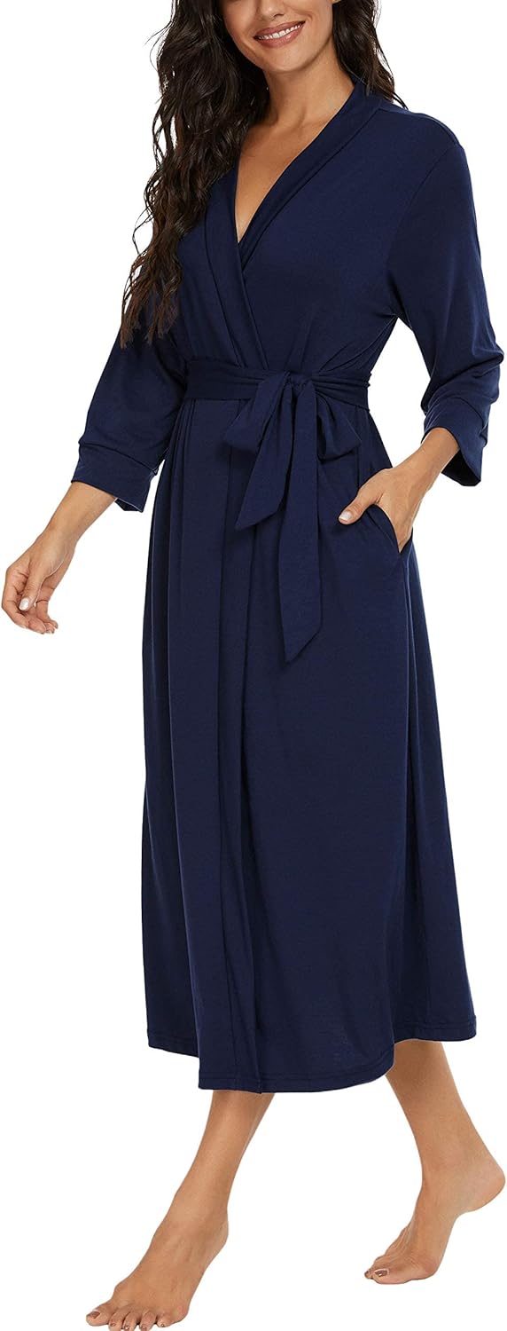 PrinStory Damen Bademantel Leichter 3/4 Ärmeln Morgenmantel V-Ausschnitt Kimono Roben Langes Nachtwä