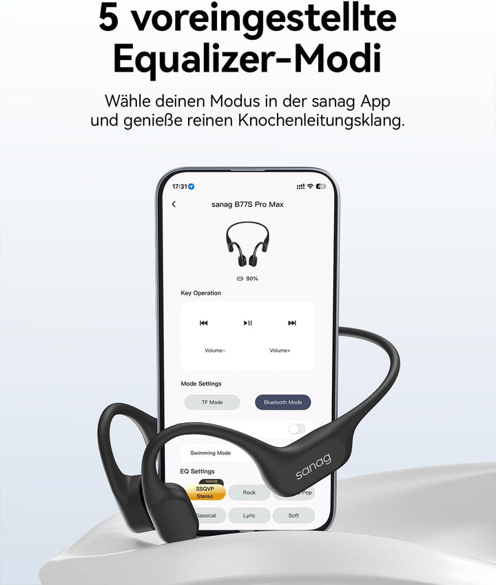 SANAG Knochenschall Schwimmen Kopfhörer, IP68 Wasserdicht, 64GB MP3 Player, Bluetooth 6.0 Sport Kopf
