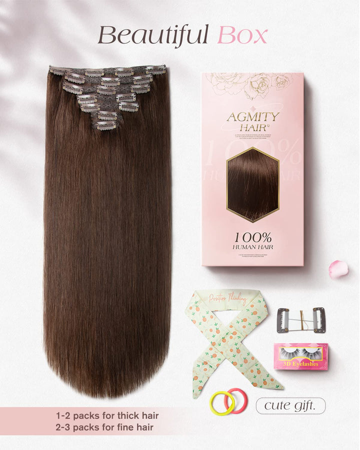 AGMITY Clip in Extensions Echthaar 40cm Dunkel Braun 120 Gramm 7 Stück Unsichtbar Gerade Glatt Nahtl