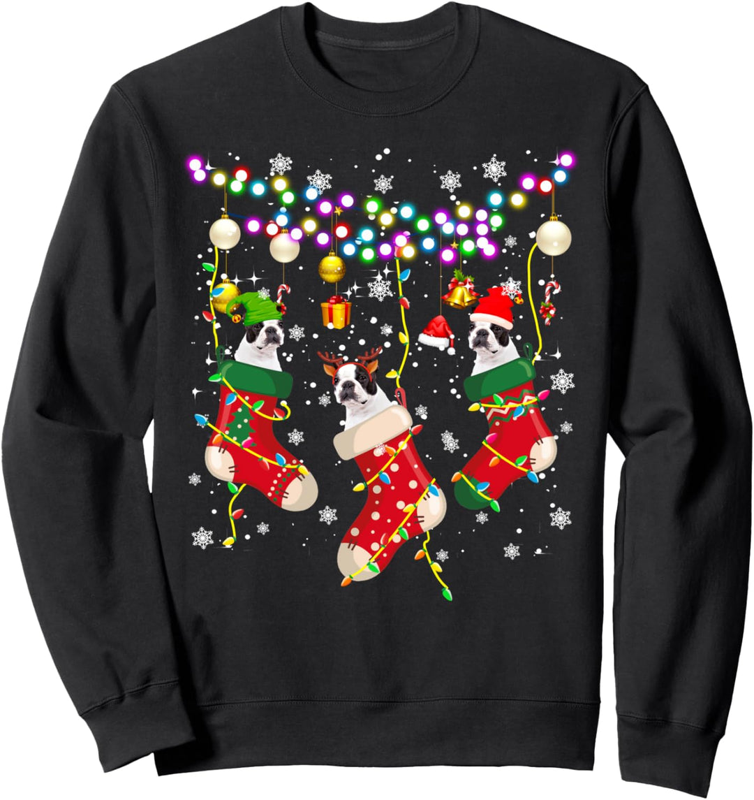 Weihnachtssocken, Elf, Rentier, Boston Terrier in Weihnachten Sweatshirt
