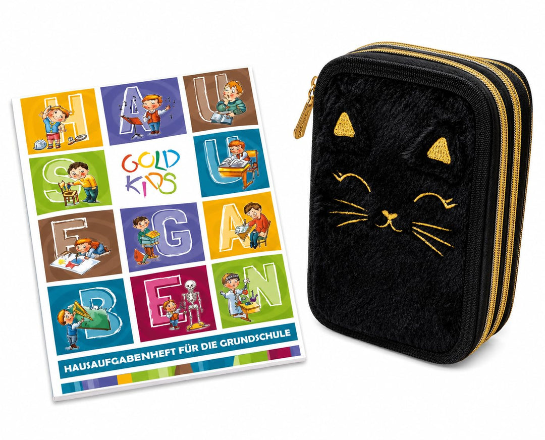 ASTRABAG 3-Fach Mäppchen Federmappe Gefüllt Jumbo Fluffy Kitty Black mit Plüsch und Ohren