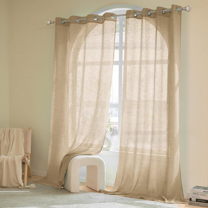 Woaboy Leinen Gardinen Beige Vorhänge Wohnzimmer Halbtransparent mit Ösen Stores Gardine Leinenoptik