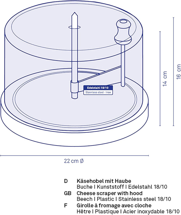 kela Käsehobel rund mit Haube 16 x Ø 22cm, Käseschaber, Girolle, Schokoladenhobel, PLANUM, Buchenhol