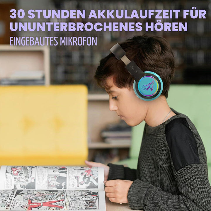 IFECCO Bluetooth Kopfhörer Kinder kabellos mit Aufbewahrungstasche, Kinderkopfhörer Over-Ear mit LED