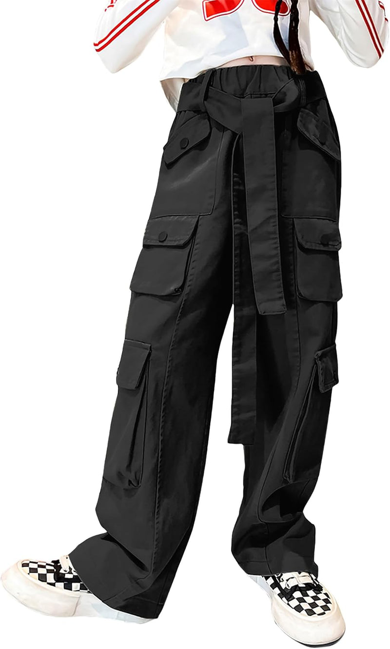 Rolanko Mädchen Baggy Cargo Hose, Elastisch Hohe Taille Gerade Weites Bein Streetwear Jeans mit Mehr