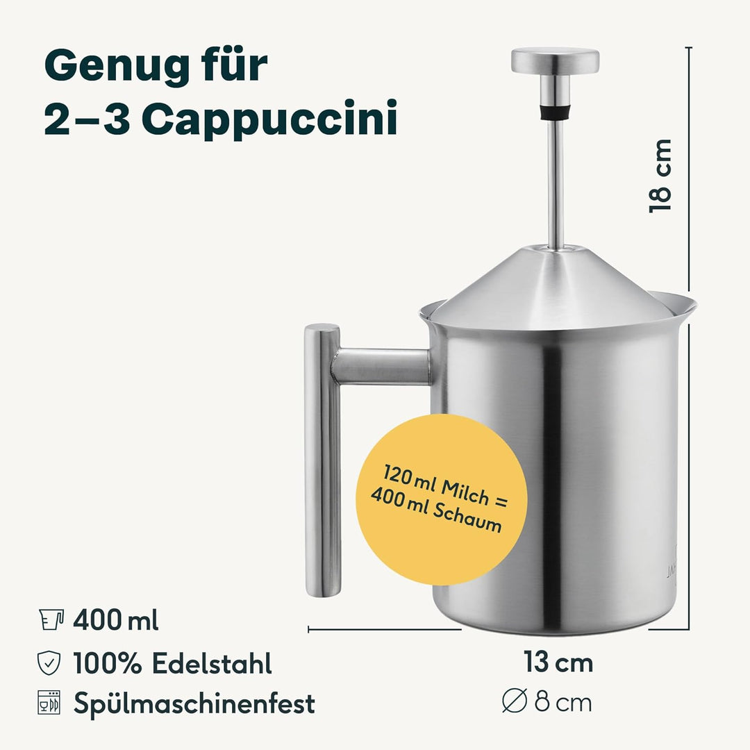 SILBERTHAL Milchaufschäumer Manuell Edelstahl - 400ml - Perfekter Milchschaum dank doppeltem Sieb un