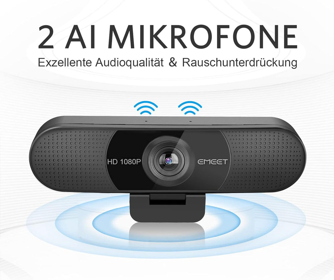 EMEET Full HD Webcam - C960 1080P Webcam mit Objektivabdeckung & Dual Mikrofon, 90 ° Streaming Kamer