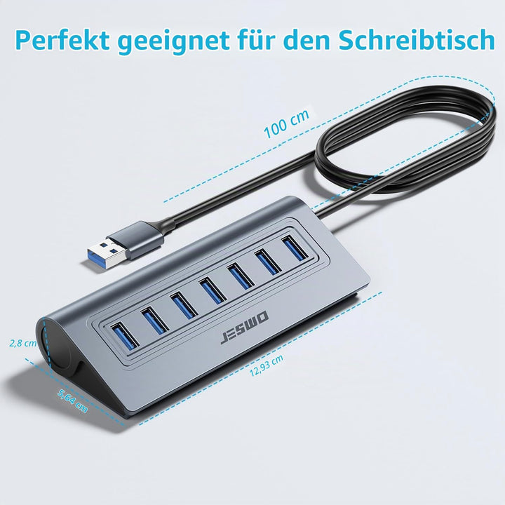 JESWO USB HUB mit Netzteil, Aluminium USB 3.0 Hub Aktiv mit 7-Port USB Verteiler 3.0 mit 5V/4A Netzt