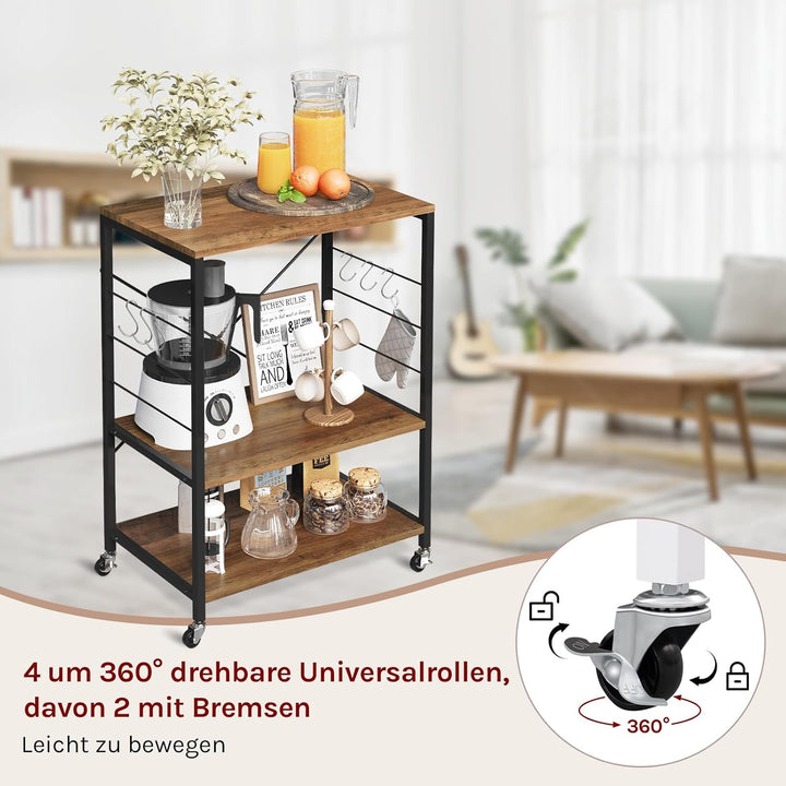 WOLTU Küchenregal auf Rollen, Mikrowellen-Regal mit 3 Ablagen & 4 Haken, dreistufiger Servierwagen m