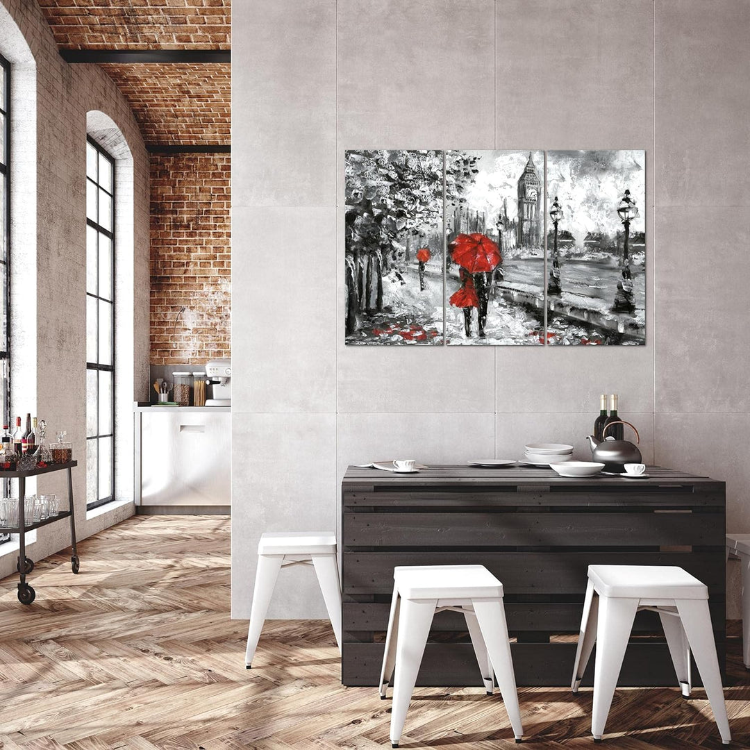 Runa Art Wandbilder London Bild XXL Wohnzimmer Schlafzimmer Rot Grau Gemalt 120 x 80 cm 3 Teilig 024