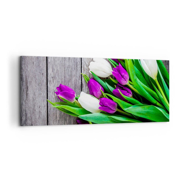 Wandbilder Dekoration Wohnzimmer Tulpen Holz Blumenstrauss Blumen Panorama Bilder auf Leinwand 120x5