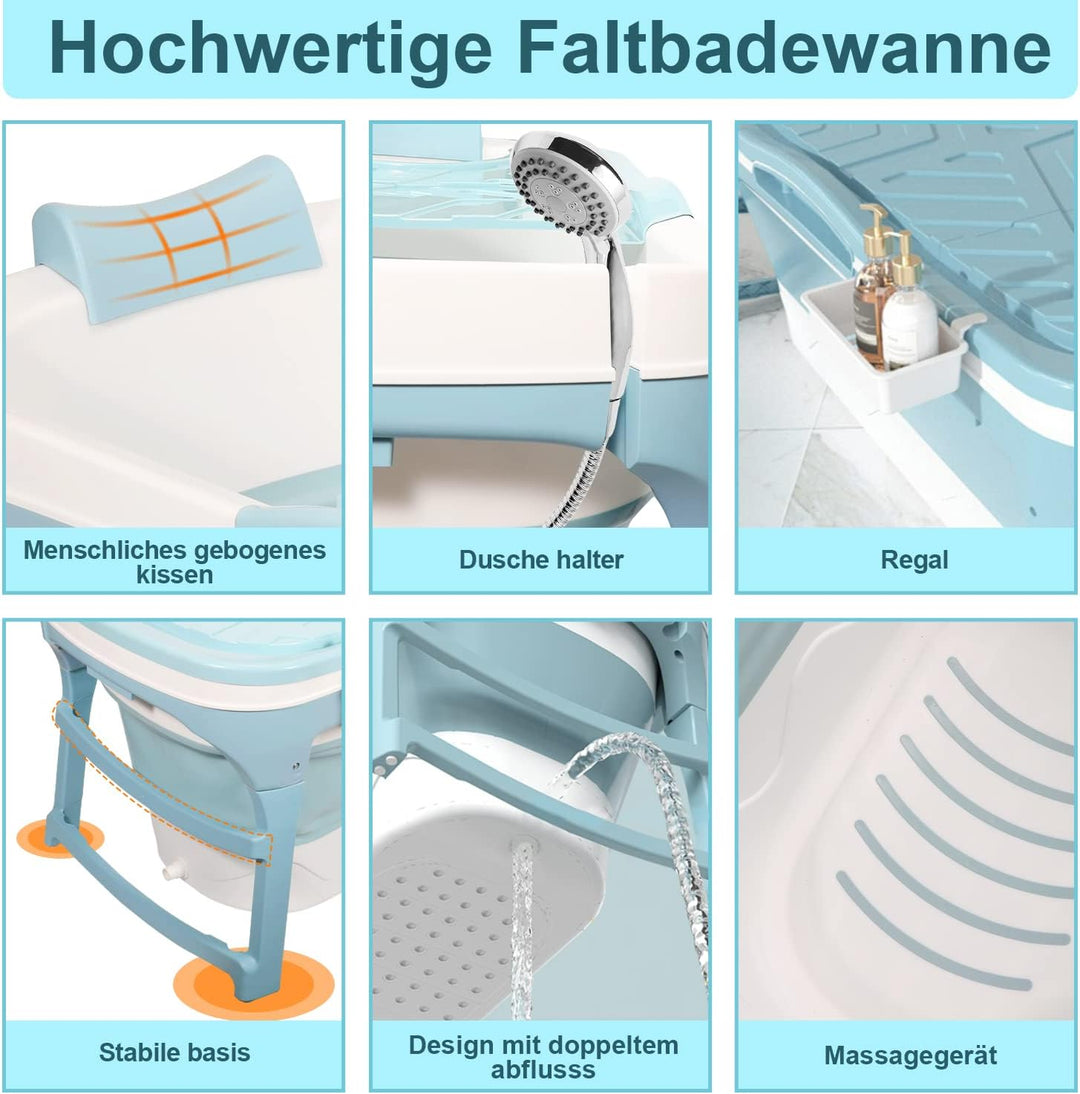 Faltbare Badewanne Erwachsene, 118x60x50 cm, mit Abdeckung, Seifenkorb, Mobile Badewanne für Garten,