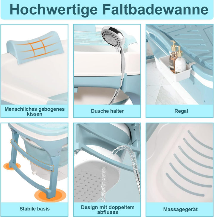 Faltbare Badewanne Erwachsene, 118x60x50 cm, mit Abdeckung, Seifenkorb, Mobile Badewanne für Garten,
