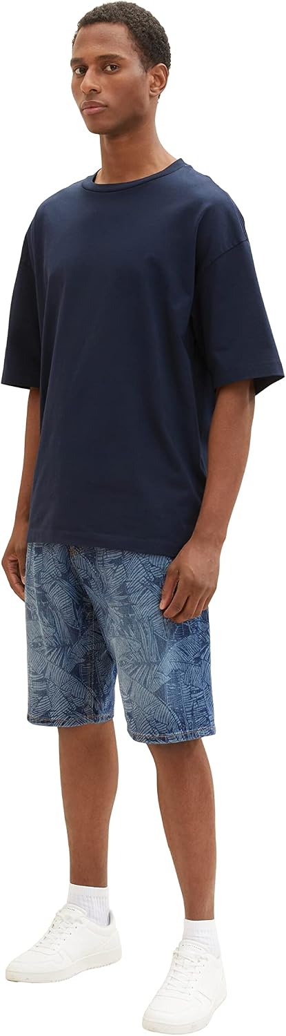 TOM TAILOR Herren Relaxed Fit Jeans Bermuda Shorts mit Palmen-Print 33 31749 - Dark Banana Leaf Laze