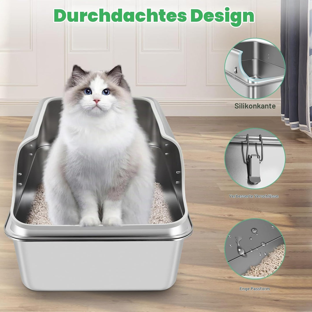 Katzenklo Edelstahl XXL, Stainless Steel Litter Box, Katzentoilette offene mit Metall Schaufel, Cat